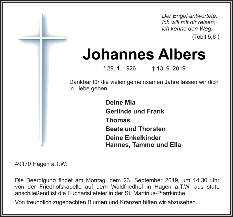  Traueranzeige für Johannes Albers vom 18.09.2019 aus Neue Osnabrücker Zeitung GmbH & Co. KG