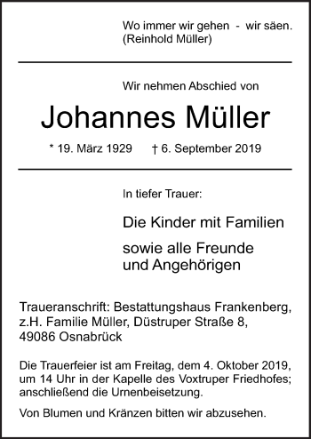 Traueranzeige von Johannes Müller von Neue Osnabrücker Zeitung GmbH & Co. KG