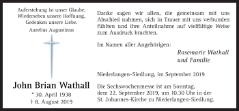 Traueranzeige von John Brian Wathall von Neue Osnabrücker Zeitung GmbH & Co. KG