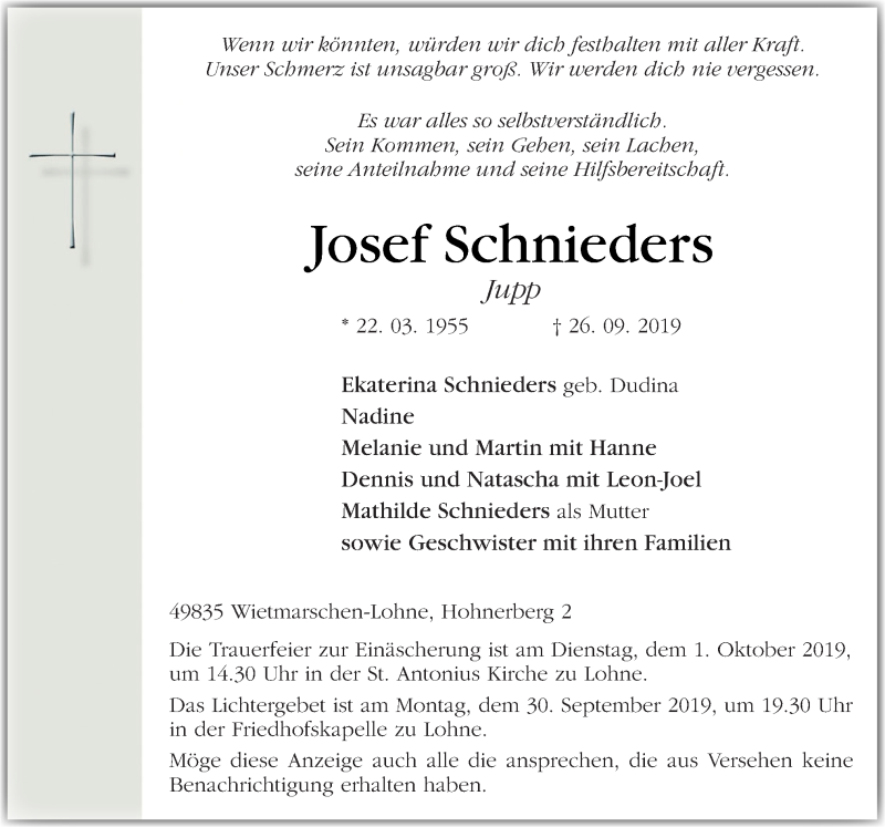  Traueranzeige für Josef Schnieders vom 28.09.2019 aus Neue Osnabrücker Zeitung GmbH & Co. KG