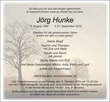 Traueranzeige von Jörg Hunke von Neue Osnabrücker Zeitung GmbH & Co. KG