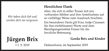 Traueranzeige von Jürgen Brix von Neue Osnabrücker Zeitung GmbH & Co. KG