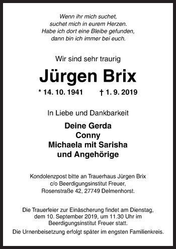Traueranzeige von Jürgen Brix von Neue Osnabrücker Zeitung GmbH & Co. KG