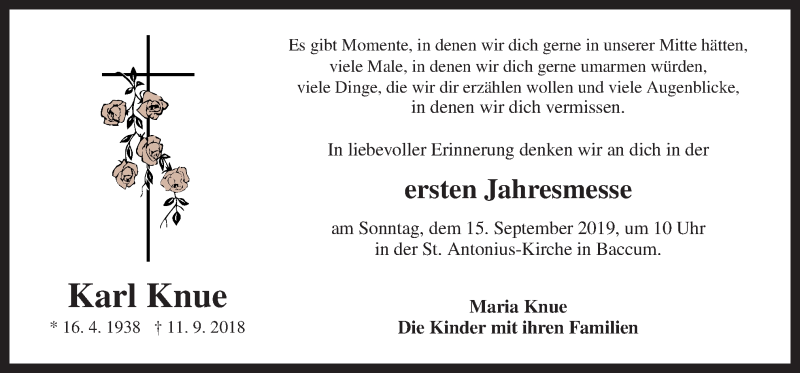  Traueranzeige für Karl Knue vom 11.09.2019 aus Neue Osnabrücker Zeitung GmbH & Co. KG