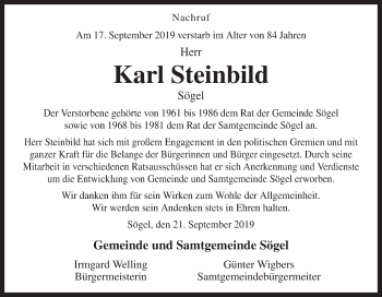 Traueranzeige von Karl Steinbild von Neue Osnabrücker Zeitung GmbH & Co. KG