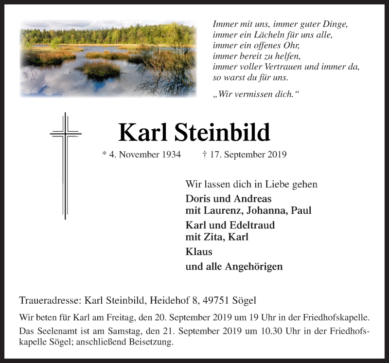  Traueranzeige für Karl Steinbild vom 19.09.2019 aus Neue Osnabrücker Zeitung GmbH & Co. KG