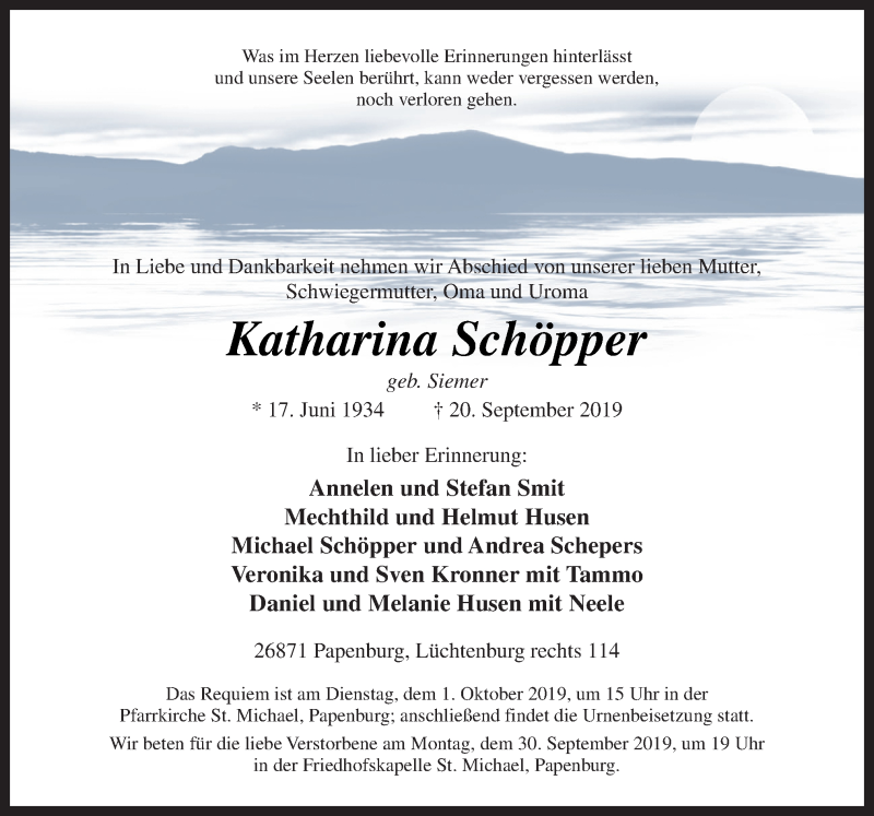  Traueranzeige für Katharina Schöpper vom 24.09.2019 aus Neue Osnabrücker Zeitung GmbH & Co. KG