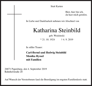 Traueranzeige von Katharina Steinbild von Neue Osnabrücker Zeitung GmbH & Co. KG