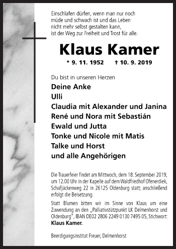 Traueranzeige von Klaus Kamer von Neue Osnabrücker Zeitung GmbH & Co. KG