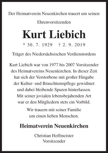 Traueranzeige von Kurt Liebich von Neue Osnabrücker Zeitung GmbH & Co. KG