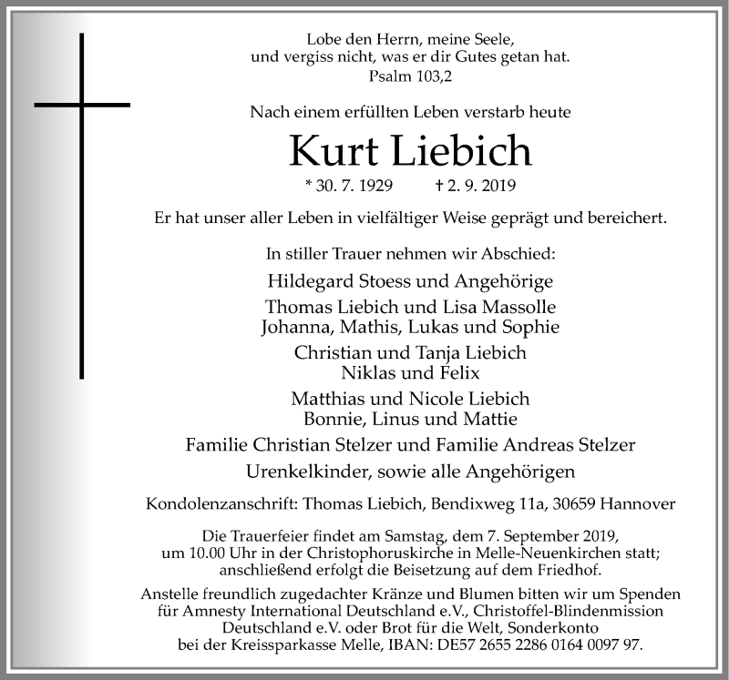  Traueranzeige für Kurt Liebich vom 04.09.2019 aus Neue Osnabrücker Zeitung GmbH & Co. KG