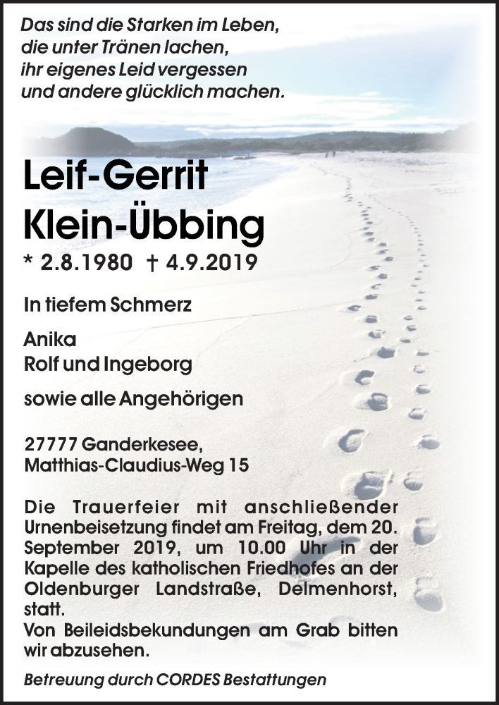  Traueranzeige für Leif-Gerrit Klein-Übbing vom 14.09.2019 aus Neue Osnabrücker Zeitung GmbH & Co. KG