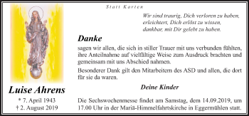 Traueranzeige von Luise Ahrens von Neue Osnabrücker Zeitung GmbH & Co. KG