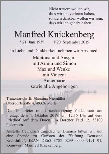 Traueranzeige von Manfred Knickenberg von Neue Osnabrücker Zeitung GmbH & Co. KG