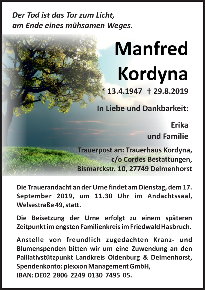  Traueranzeige für Manfred Kordyna vom 06.09.2019 aus Neue Osnabrücker Zeitung GmbH & Co. KG