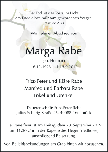 Traueranzeige von Marga Rabe von Neue Osnabrücker Zeitung GmbH & Co. KG