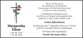 Traueranzeige von Margaretha Eiken von Neue Osnabrücker Zeitung GmbH & Co. KG