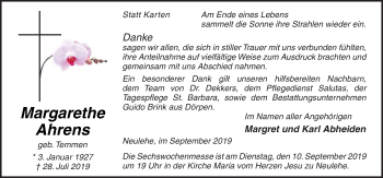 Traueranzeige von Margarethe Ahrens von Neue Osnabrücker Zeitung GmbH & Co. KG