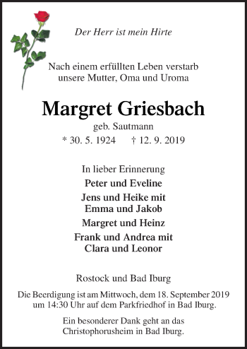 Traueranzeige von Margret Griesbach von Neue Osnabrücker Zeitung GmbH & Co. KG