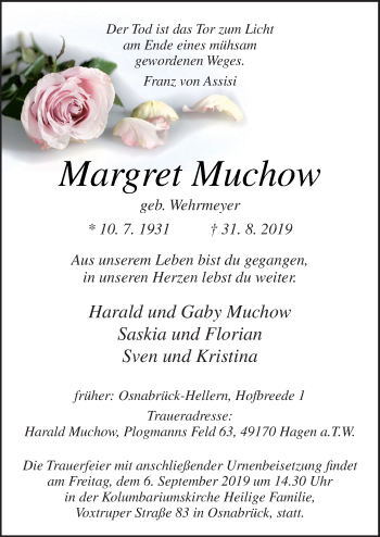 Traueranzeige von Margret Muchow von Neue Osnabrücker Zeitung GmbH & Co. KG