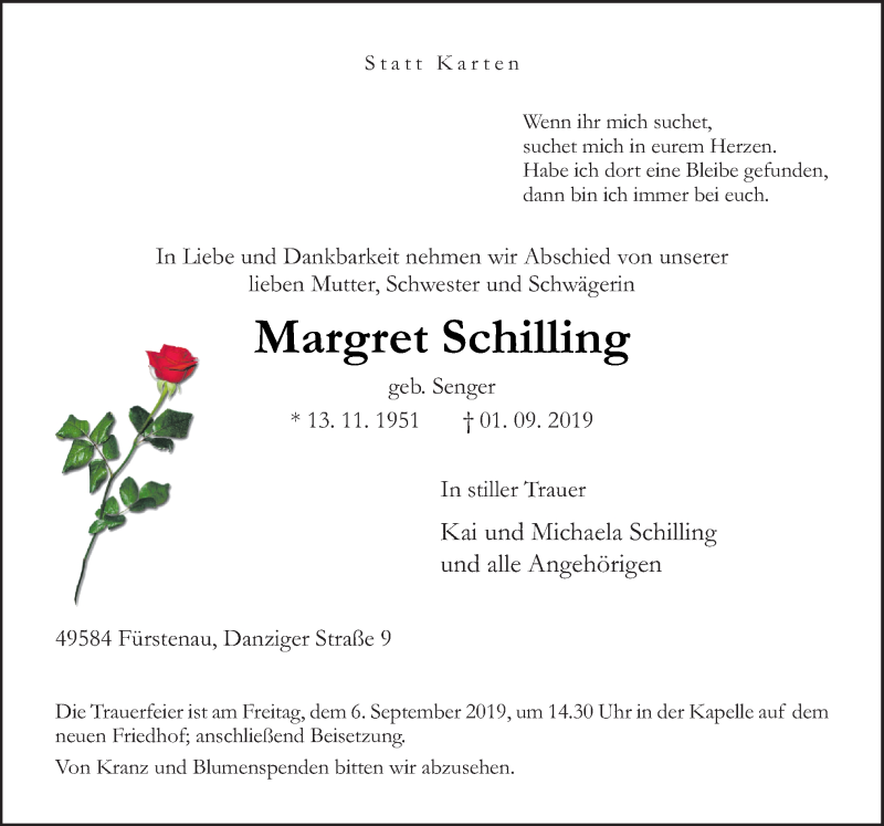  Traueranzeige für Margret Schilling vom 04.09.2019 aus Neue Osnabrücker Zeitung GmbH & Co. KG