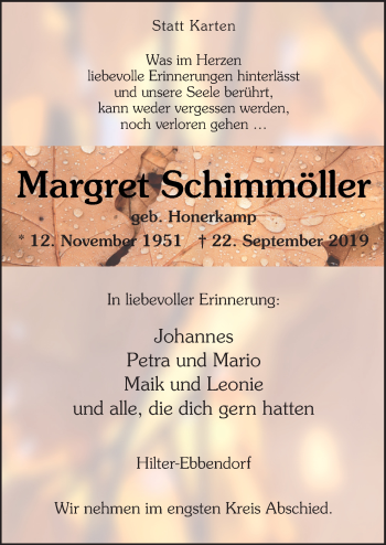 Traueranzeige von Margret Schimmöller von Neue Osnabrücker Zeitung GmbH & Co. KG