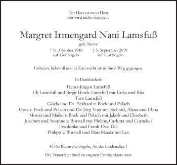 Traueranzeige von Margret Irmengard Nanu Lamsfuß von Neue Osnabrücker Zeitung GmbH & Co. KG