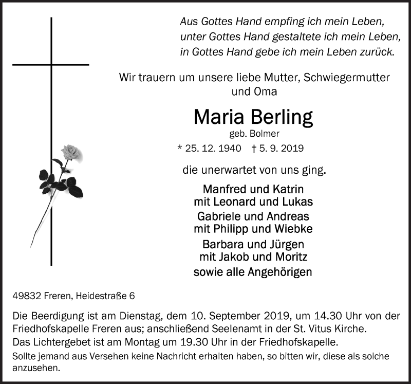  Traueranzeige für Maria Berling vom 07.09.2019 aus Neue Osnabrücker Zeitung GmbH & Co. KG