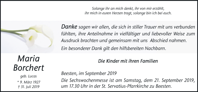  Traueranzeige für Maria Borchert vom 18.09.2019 aus Neue Osnabrücker Zeitung GmbH & Co. KG