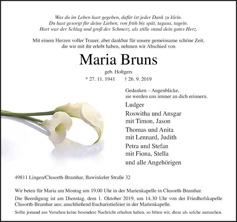  Traueranzeige für Maria Bruns vom 28.09.2019 aus Neue Osnabrücker Zeitung GmbH & Co. KG