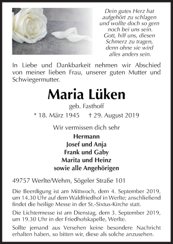 Traueranzeige von Maria Lüken von Neue Osnabrücker Zeitung GmbH & Co. KG