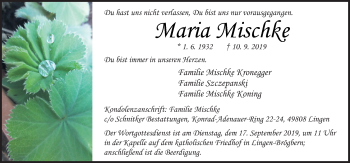 Traueranzeige von Maria Mischke von Neue Osnabrücker Zeitung GmbH & Co. KG