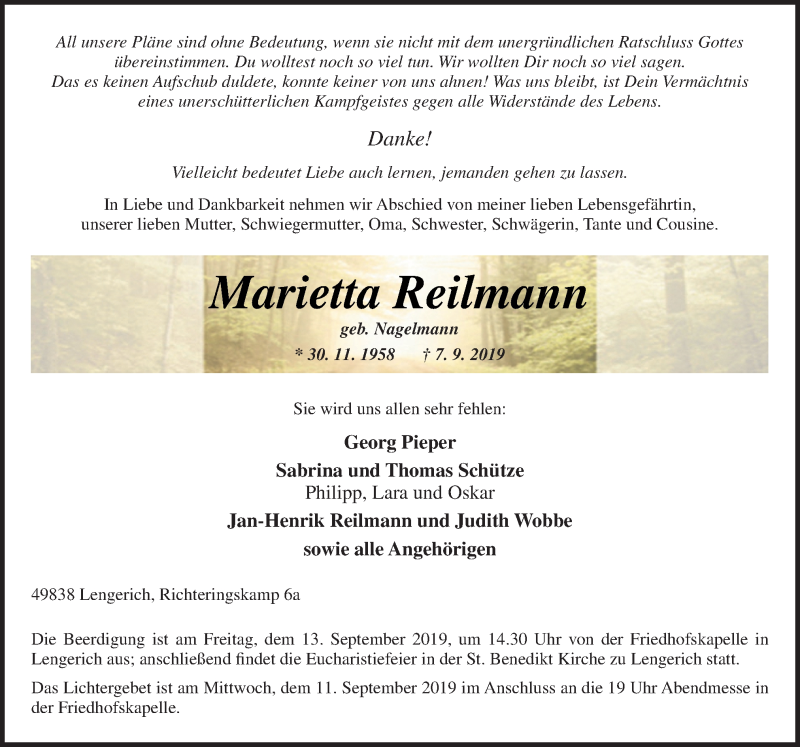  Traueranzeige für Marietta Reilmann vom 10.09.2019 aus Neue Osnabrücker Zeitung GmbH & Co. KG