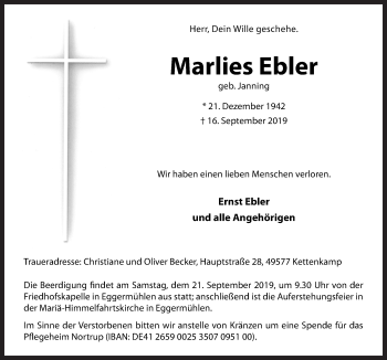 Traueranzeige von Marlies Ebler von Neue Osnabrücker Zeitung GmbH & Co. KG