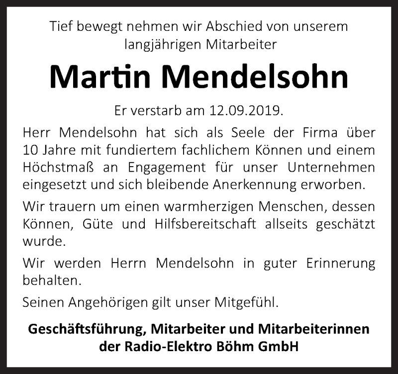  Traueranzeige für Martin Mendelsohn vom 21.09.2019 aus Neue Osnabrücker Zeitung GmbH & Co. KG