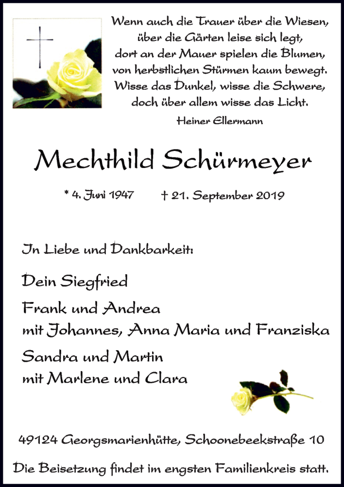  Traueranzeige für Mechthild Schürmeyer vom 24.09.2019 aus Neue Osnabrücker Zeitung GmbH & Co. KG