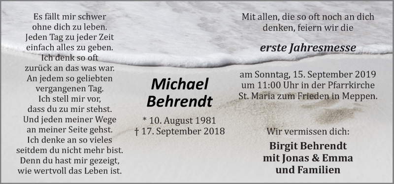  Traueranzeige für Michael Behrendt vom 07.09.2019 aus Neue Osnabrücker Zeitung GmbH & Co. KG
