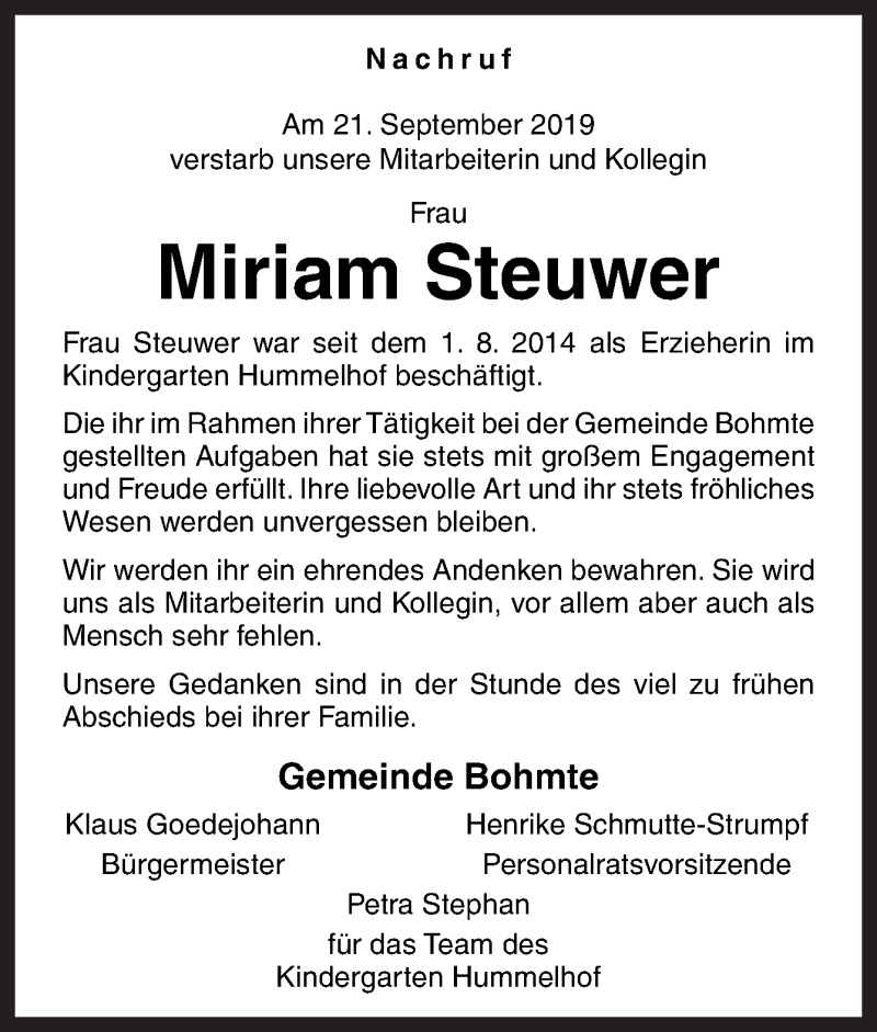  Traueranzeige für Miriam Steuwer vom 30.09.2019 aus Neue Osnabrücker Zeitung GmbH & Co. KG