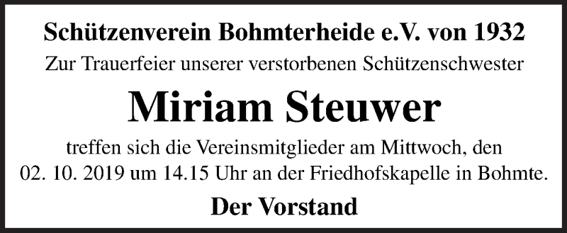  Traueranzeige für Miriam Steuwer vom 30.09.2019 aus Neue Osnabrücker Zeitung GmbH & Co. KG
