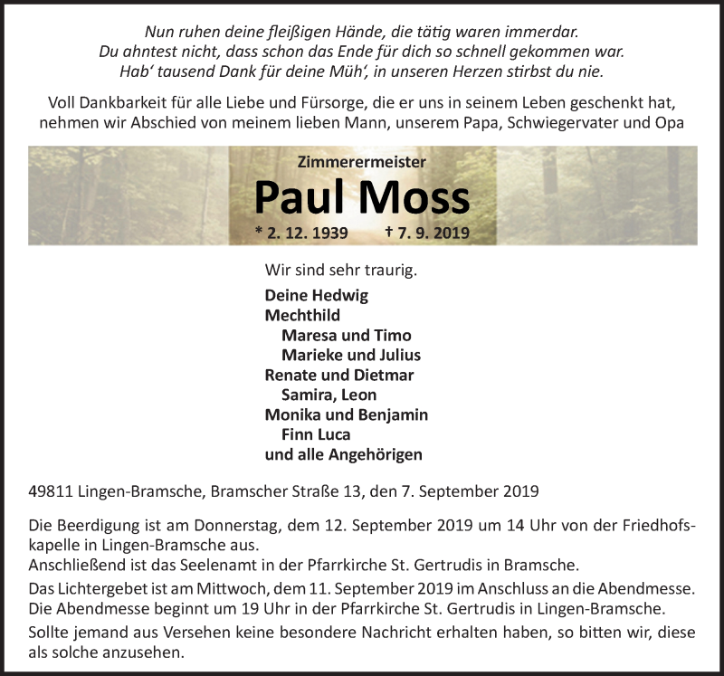  Traueranzeige für Paul Moss vom 10.09.2019 aus Neue Osnabrücker Zeitung GmbH & Co. KG