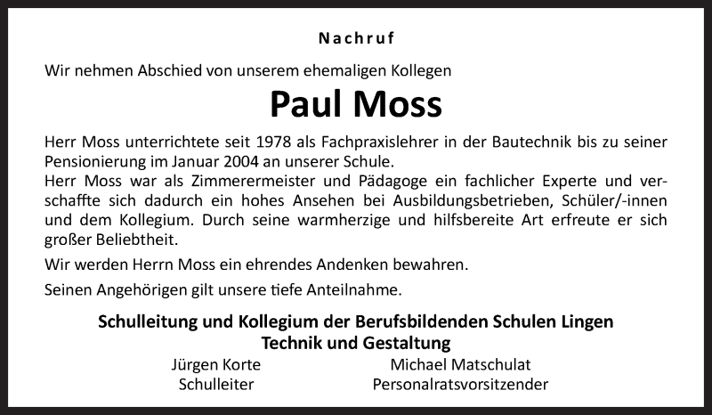 Traueranzeige für Paul Moss vom 13.09.2019 aus Neue Osnabrücker Zeitung GmbH & Co. KG