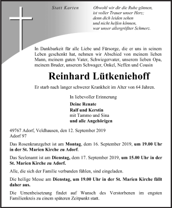 Traueranzeige von Reinhard Lütkeniehoff von Neue Osnabrücker Zeitung GmbH & Co. KG