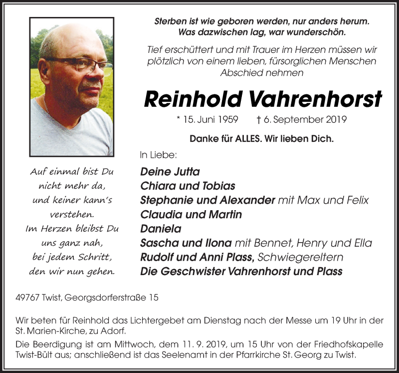  Traueranzeige für Reinhold Vahrenhorst vom 09.09.2019 aus Neue Osnabrücker Zeitung GmbH & Co. KG