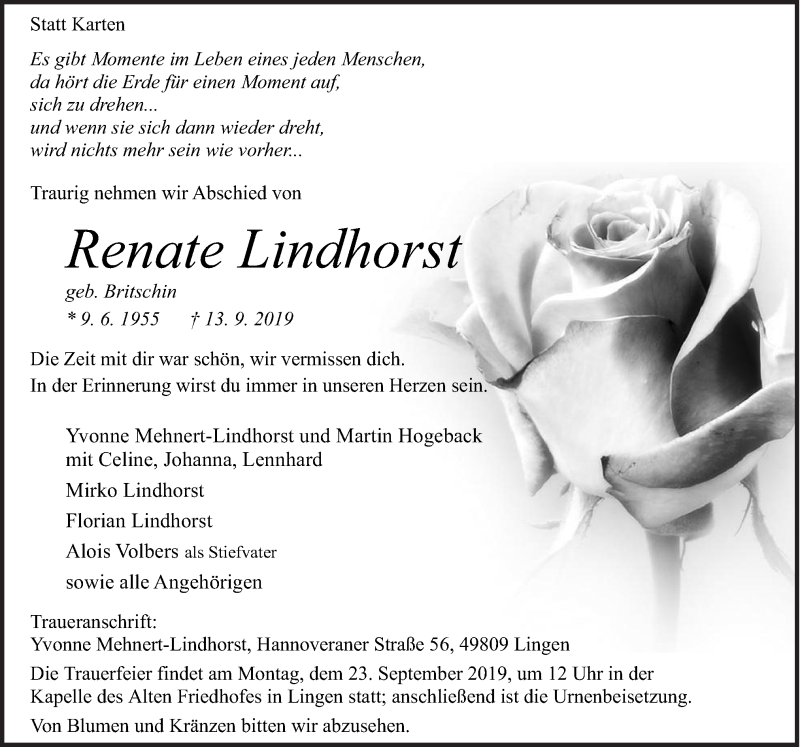  Traueranzeige für Renate Lindhorst vom 17.09.2019 aus Neue Osnabrücker Zeitung GmbH & Co. KG