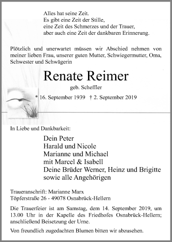 Traueranzeige von Renate Reimer von Neue Osnabrücker Zeitung GmbH & Co. KG