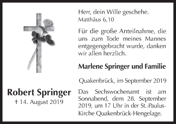 Traueranzeige von Robert Springer von Neue Osnabrücker Zeitung GmbH & Co. KG