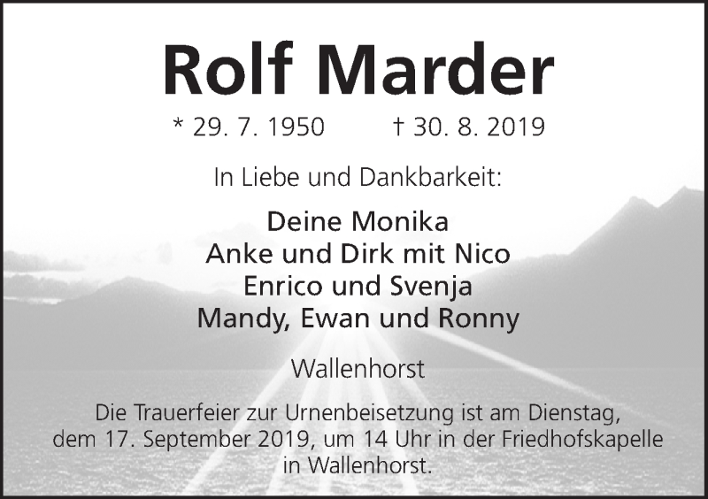  Traueranzeige für Rolf Marder vom 07.09.2019 aus Neue Osnabrücker Zeitung GmbH & Co. KG