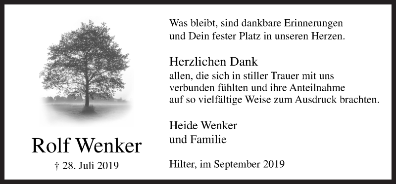  Traueranzeige für Rolf Wenker vom 07.09.2019 aus Neue Osnabrücker Zeitung GmbH & Co. KG