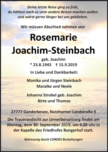 Traueranzeige von Rosemarie Joachim-Steinbach von Neue Osnabrücker Zeitung GmbH & Co. KG