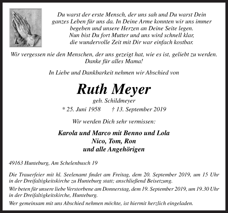  Traueranzeige für Ruth Meyer vom 17.09.2019 aus Neue Osnabrücker Zeitung GmbH & Co. KG